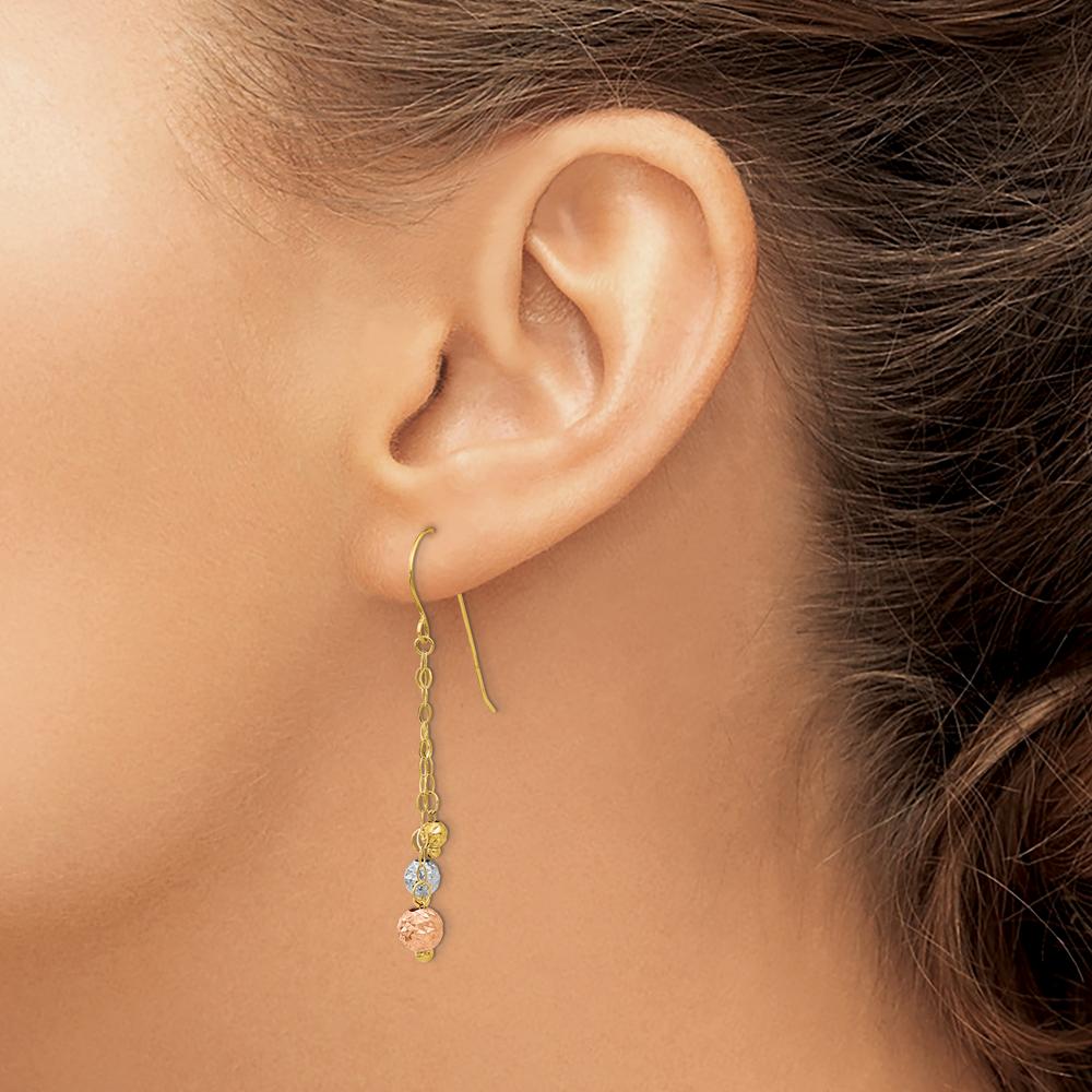 14K Tri-Color Gold Dangle Earrings with Diamond-Cut Beads - 45mm Length by 0
