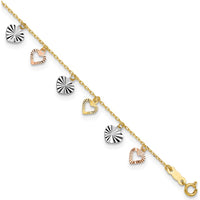 14K Tri-Color Gold Dangle Heart Anklet with Diamond-Cut Detail - Adjustable 10" Length