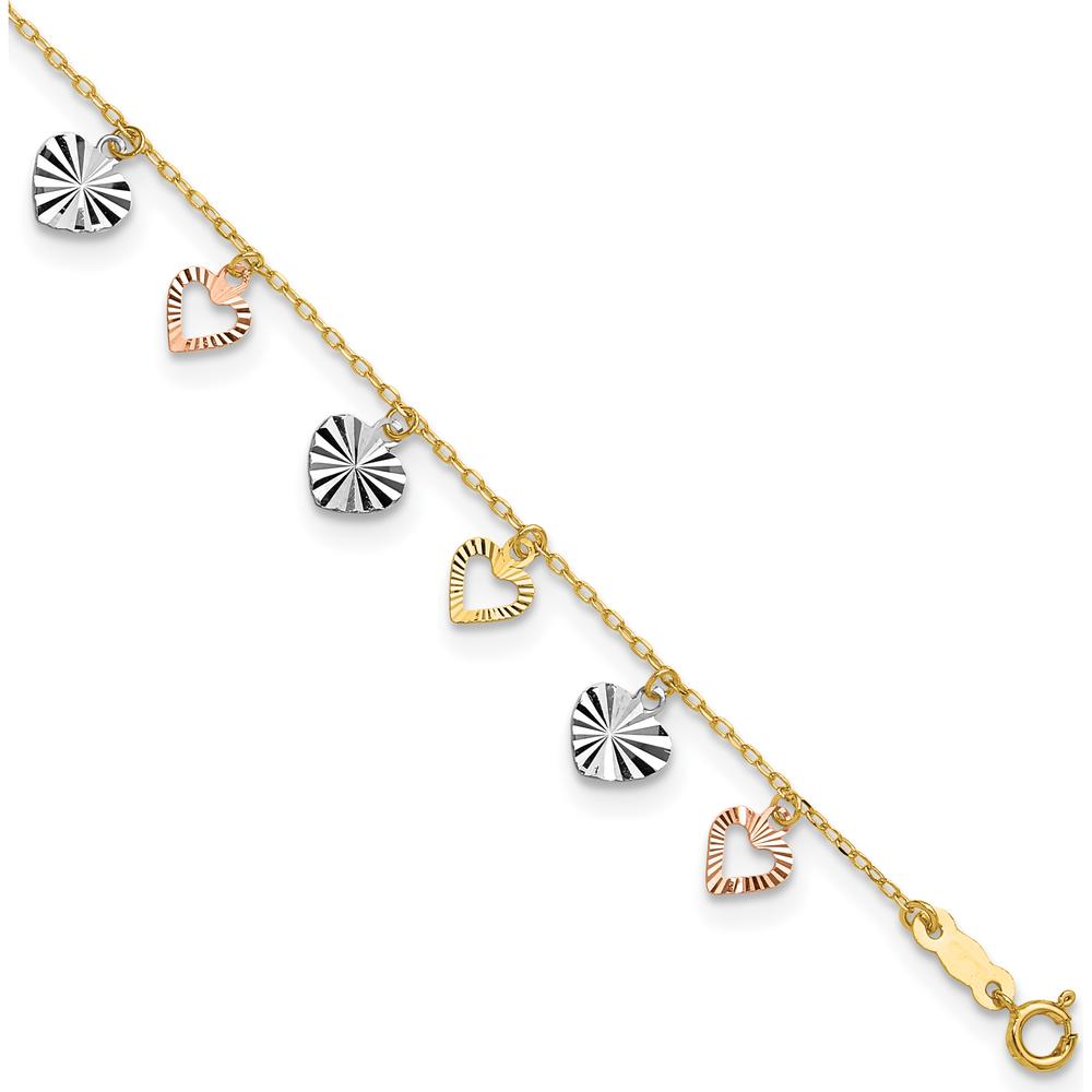 14K Tri-Color Gold Dangle Heart Anklet with Diamond-Cut Detail - Adjustable 10" Length