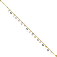 14K Tri-Color Gold Dangle Heart Anklet with Diamond-Cut Detail - Adjustable 10" Length