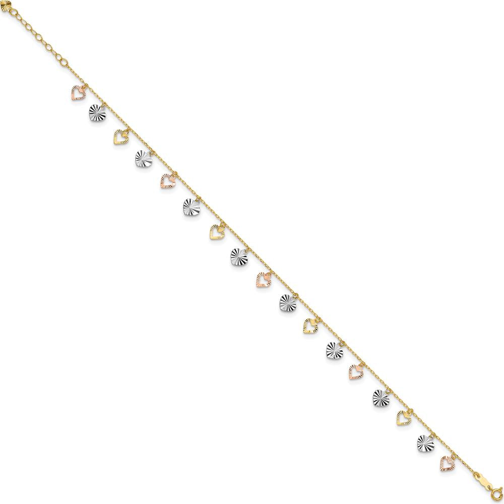 14K Tri-Color Gold Dangle Heart Anklet with Diamond-Cut Detail - Adjustable 10" Length