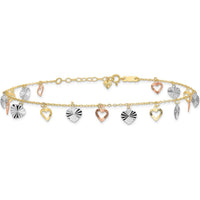 14K Tri-Color Gold Dangle Heart Anklet with Diamond-Cut Detail - Adjustable 10" Length