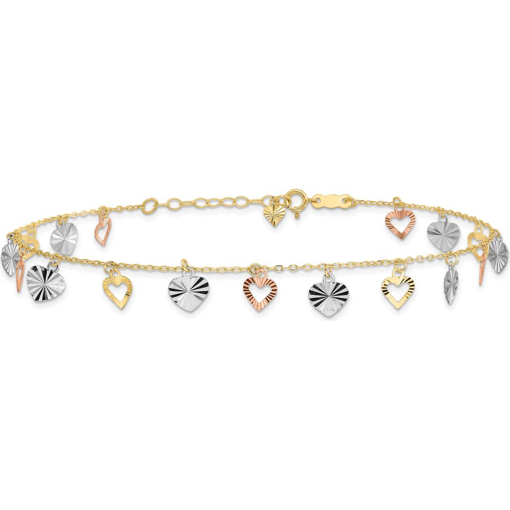 14K Tri-Color Gold Dangle Heart Anklet with Diamond-Cut Detail - Adjustable 10" Length