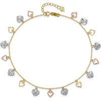 14K Tri-Color Gold Dangle Heart Anklet with Diamond-Cut Detail - Adjustable 10" Length
