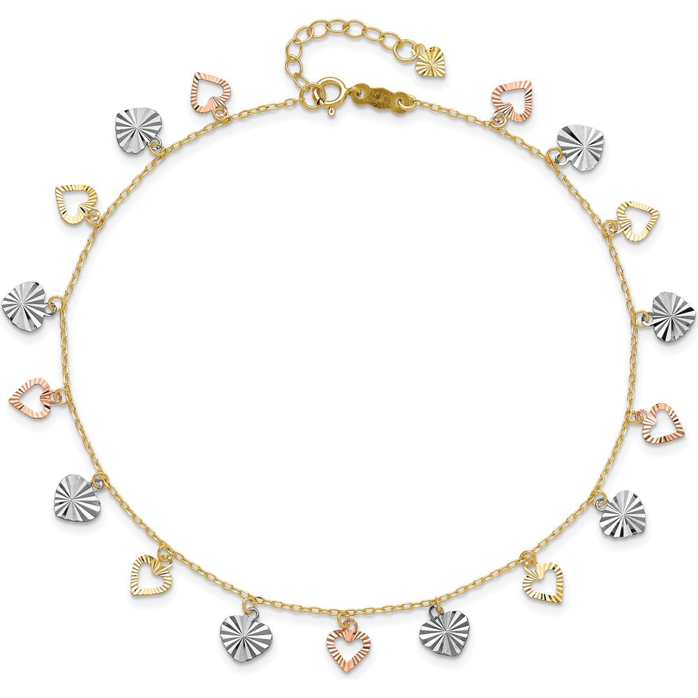 14K Tri-Color Gold Dangle Heart Anklet with Diamond-Cut Detail - Adjustable 10" Length