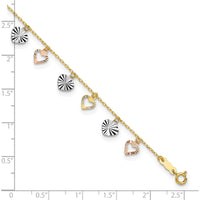 14K Tri-Color Gold Dangle Heart Anklet with Diamond-Cut Detail - Adjustable 10" Length