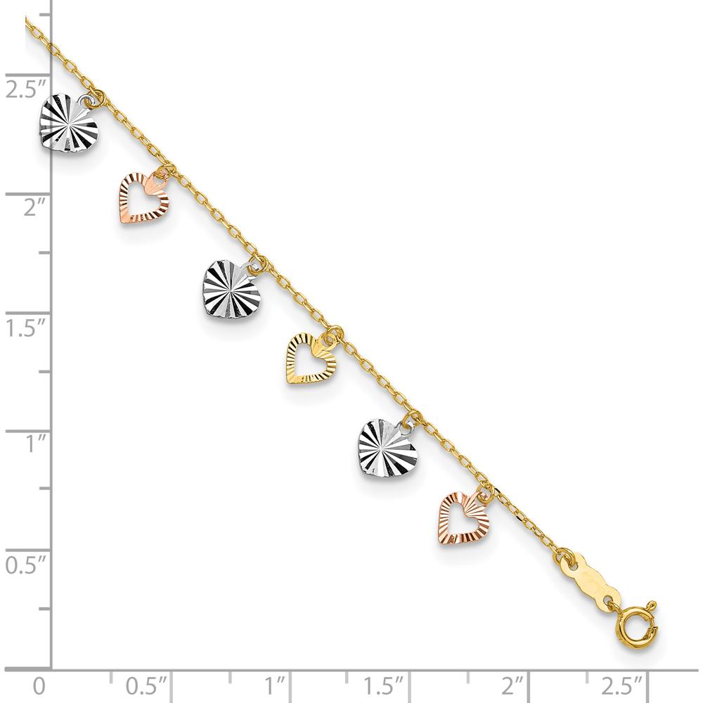 14K Tri-Color Gold Dangle Heart Anklet with Diamond-Cut Detail - Adjustable 10" Length