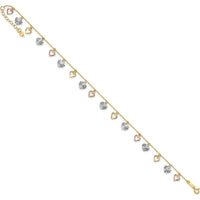 14K Tri-Color Gold Dangle Heart Anklet with Diamond-Cut Detail - Adjustable 10" Length