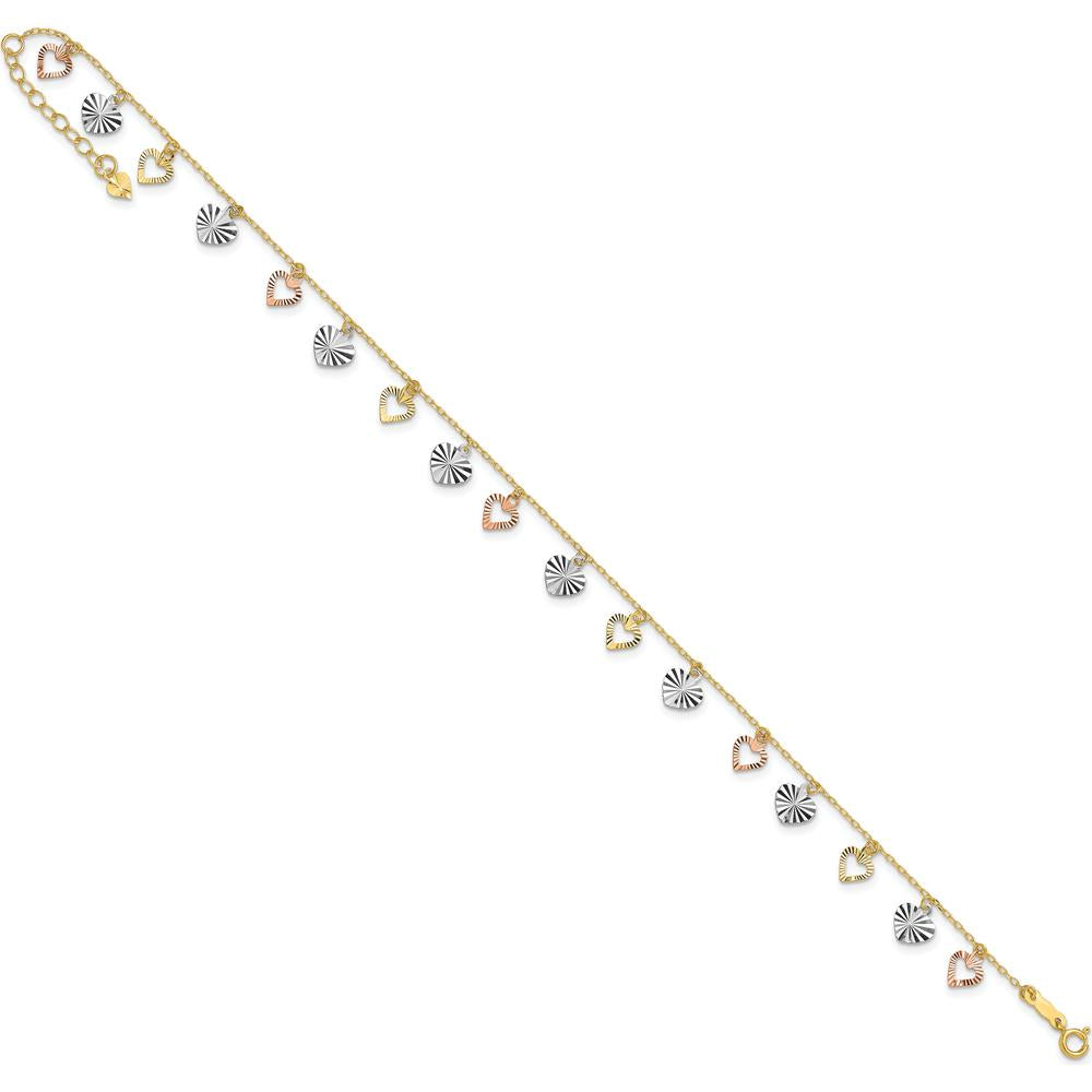 14K Tri-Color Gold Dangle Heart Anklet with Diamond-Cut Detail - Adjustable 10" Length