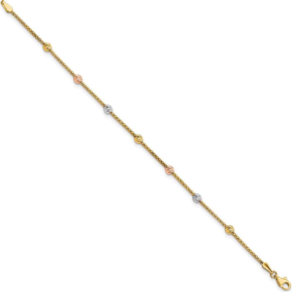 14K Tri-color Gold Diamond-cut Beads Mesh Chain Bracelet - 7.25" Length by 0