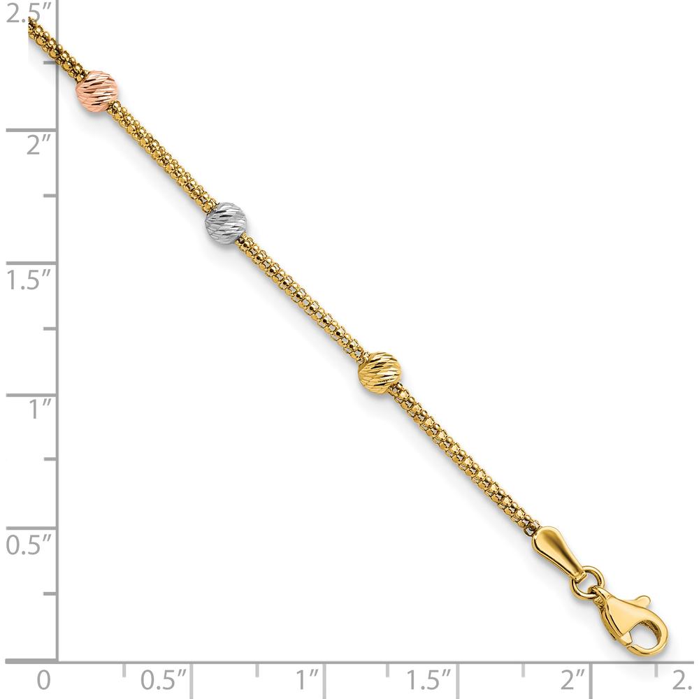 14K Tri-color Gold Diamond-cut Beads Mesh Chain Bracelet - 7.25" Length by 0