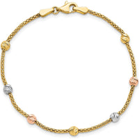 14K Tri-color Gold Diamond-cut Beads Mesh Chain Bracelet - 7.25" Length by 0
