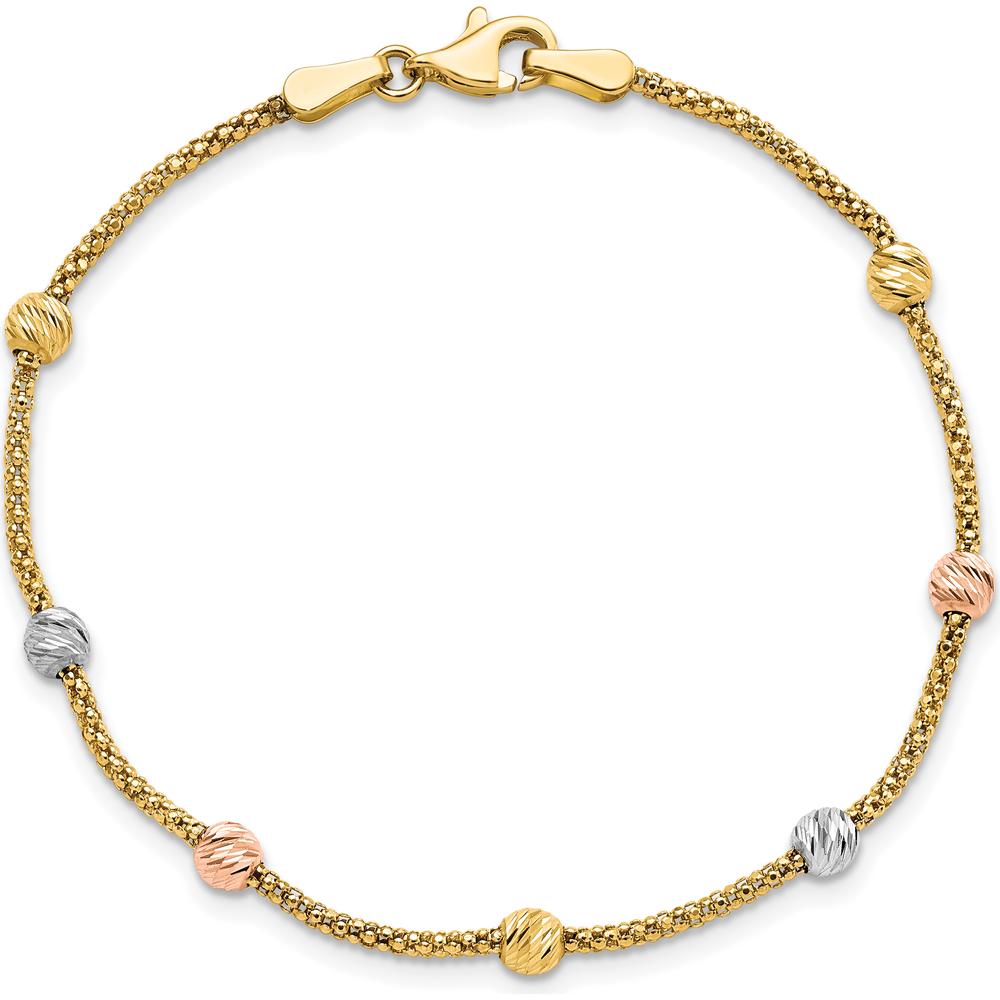 14K Tri-color Gold Diamond-cut Beads Mesh Chain Bracelet - 7.25" Length by 0