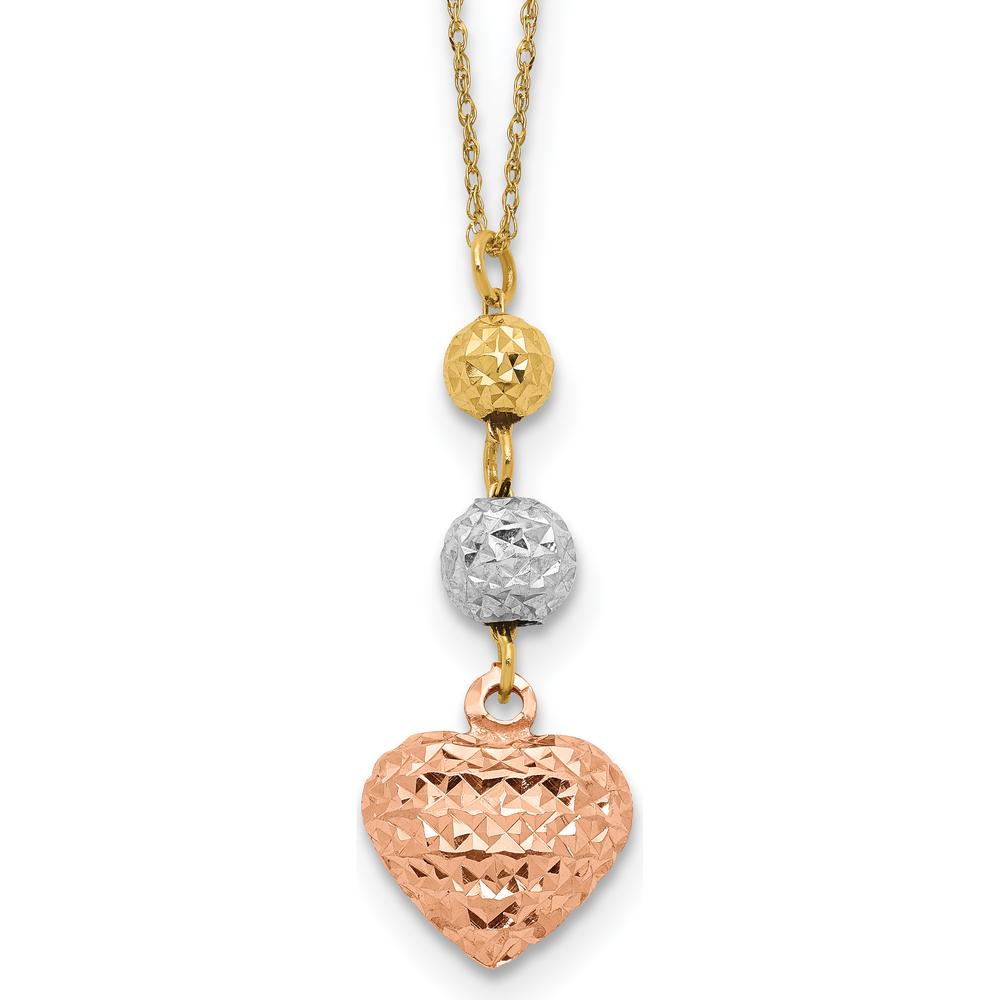 14K Tri-color Gold Diamond-Cut Beads with Puffed Heart Pendant Necklace - 16" with 2" Extender by 0