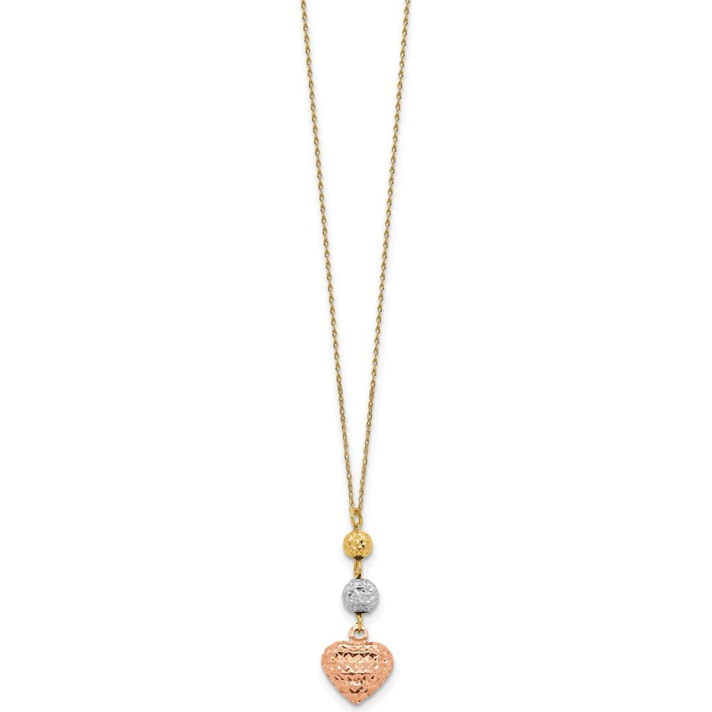 14K Tri-color Gold Diamond-Cut Beads with Puffed Heart Pendant Necklace - 16" with 2" Extender by 0