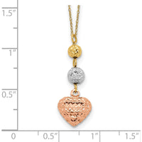 14K Tri-color Gold Diamond-Cut Beads with Puffed Heart Pendant Necklace - 16" with 2" Extender by 0