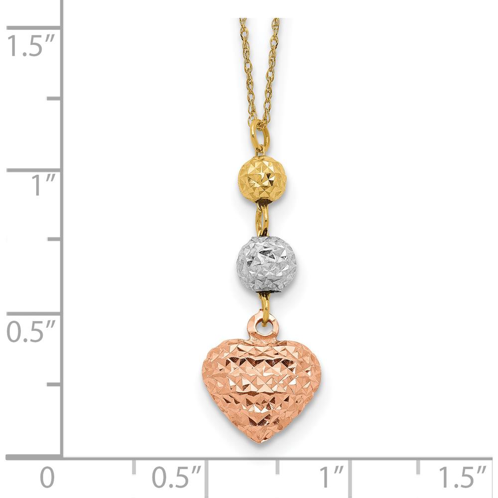 14K Tri-color Gold Diamond-Cut Beads with Puffed Heart Pendant Necklace - 16" with 2" Extender by 0