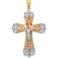 14K Tri-Color Gold Diamond-Cut Crucifix Pendant with Rhodium Plating by Oro Pregiato