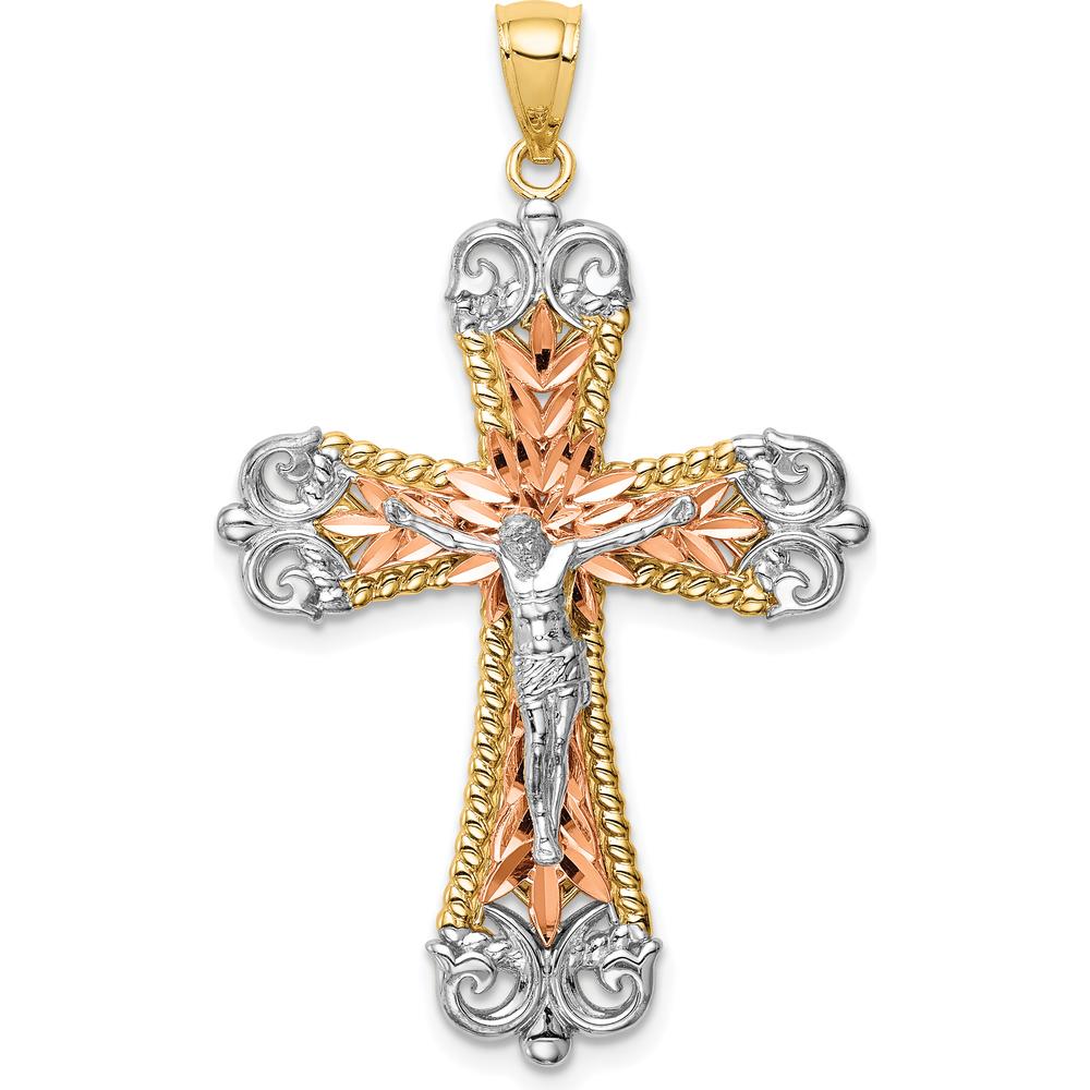 14K Tri-Color Gold Diamond-Cut Crucifix Pendant with Rhodium Plating by Oro Pregiato