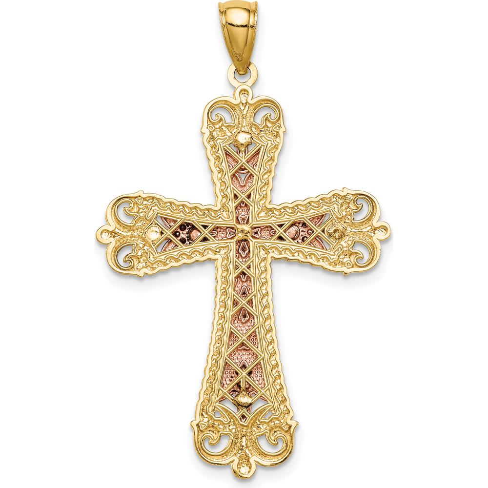 14K Tri-Color Gold Diamond-Cut Crucifix Pendant with Rhodium Plating by Oro Pregiato