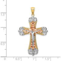14K Tri-Color Gold Diamond-Cut Crucifix Pendant with Rhodium Plating by Oro Pregiato