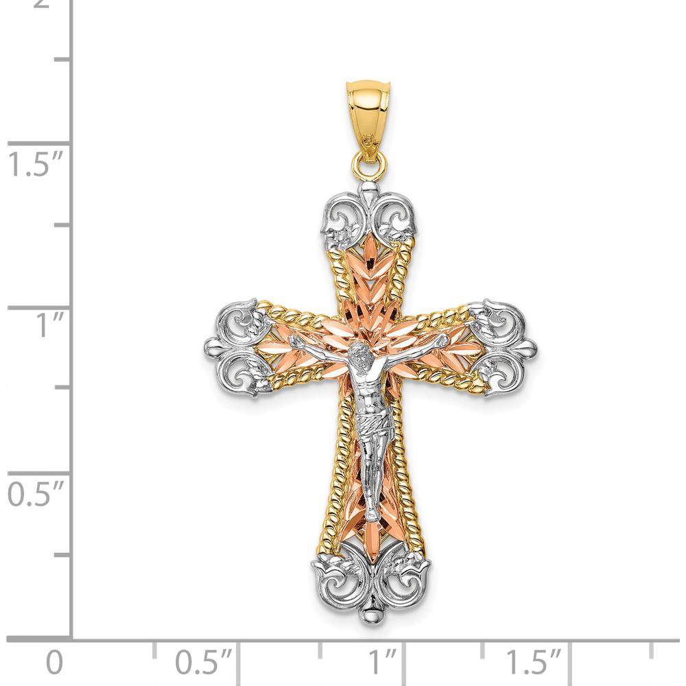 14K Tri-Color Gold Diamond-Cut Crucifix Pendant with Rhodium Plating by Oro Pregiato