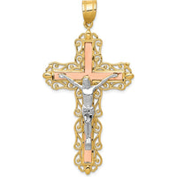 14K Tri-Color Gold Diamond-Cut Filigree Crucifix Pendant with Intricate Detailing - 61mm Length by Oro Pregiato