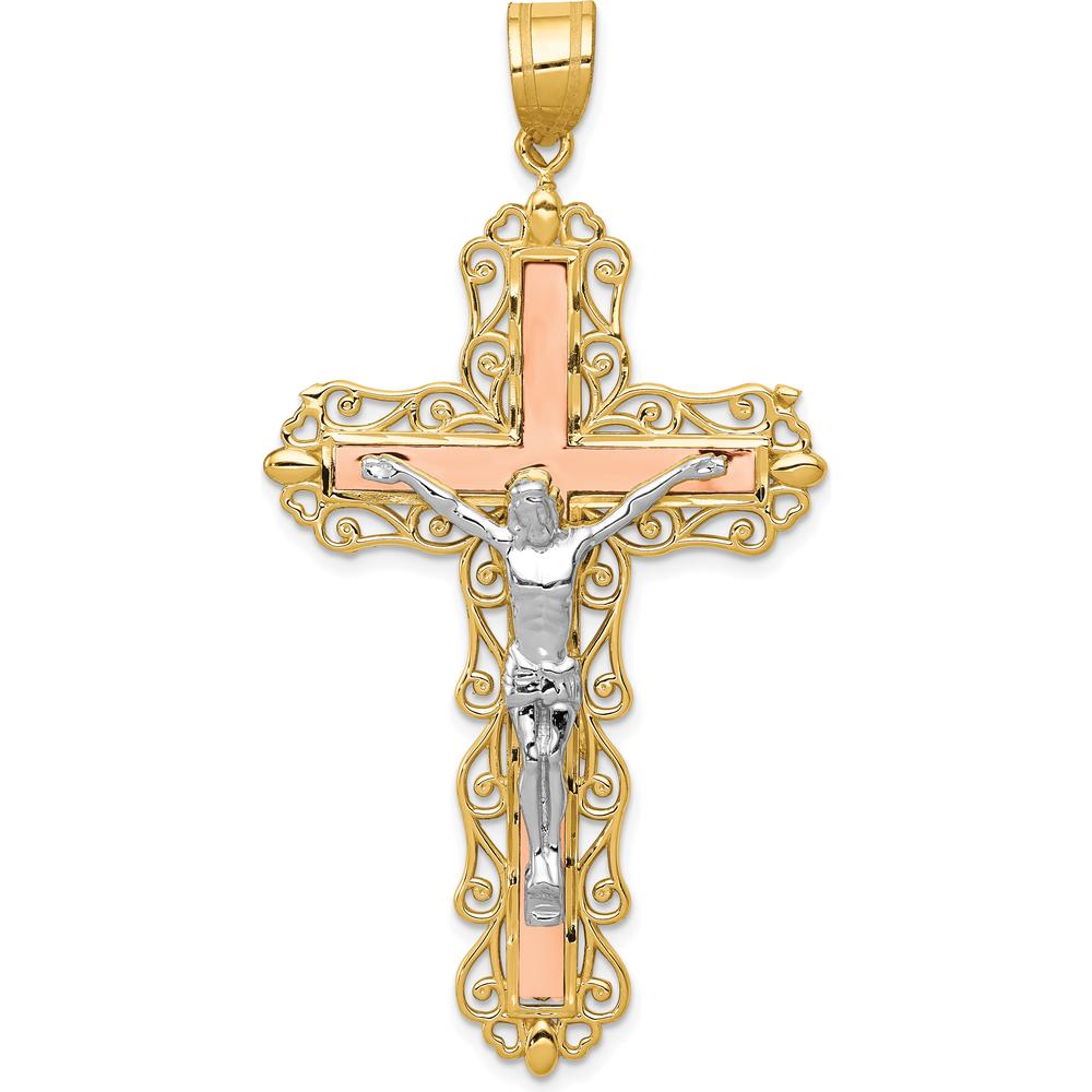 14K Tri-Color Gold Diamond-Cut Filigree Crucifix Pendant with Intricate Detailing - 61mm Length by Oro Pregiato