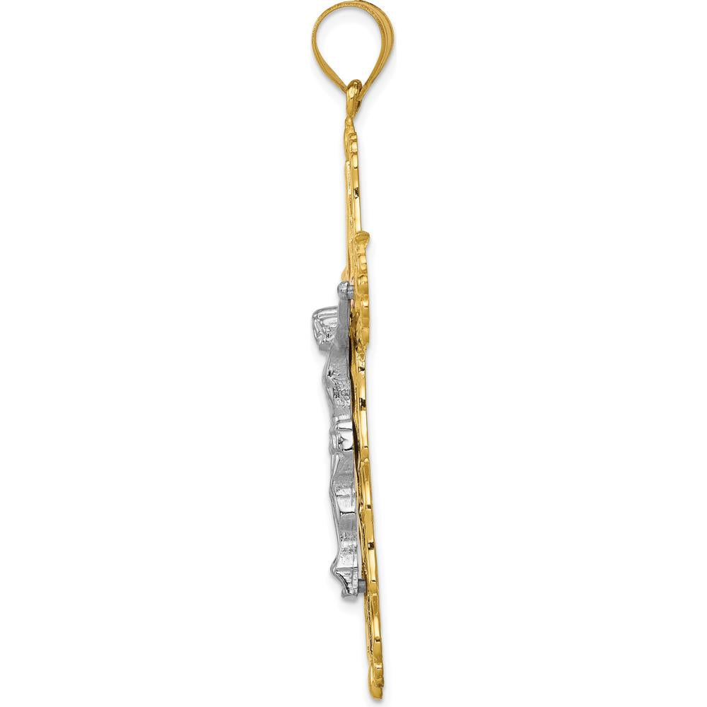 14K Tri-Color Gold Diamond-Cut Filigree Crucifix Pendant with Intricate Detailing - 61mm Length by Oro Pregiato