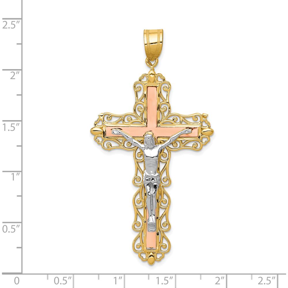 14K Tri-Color Gold Diamond-Cut Filigree Crucifix Pendant with Intricate Detailing - 61mm Length by Oro Pregiato