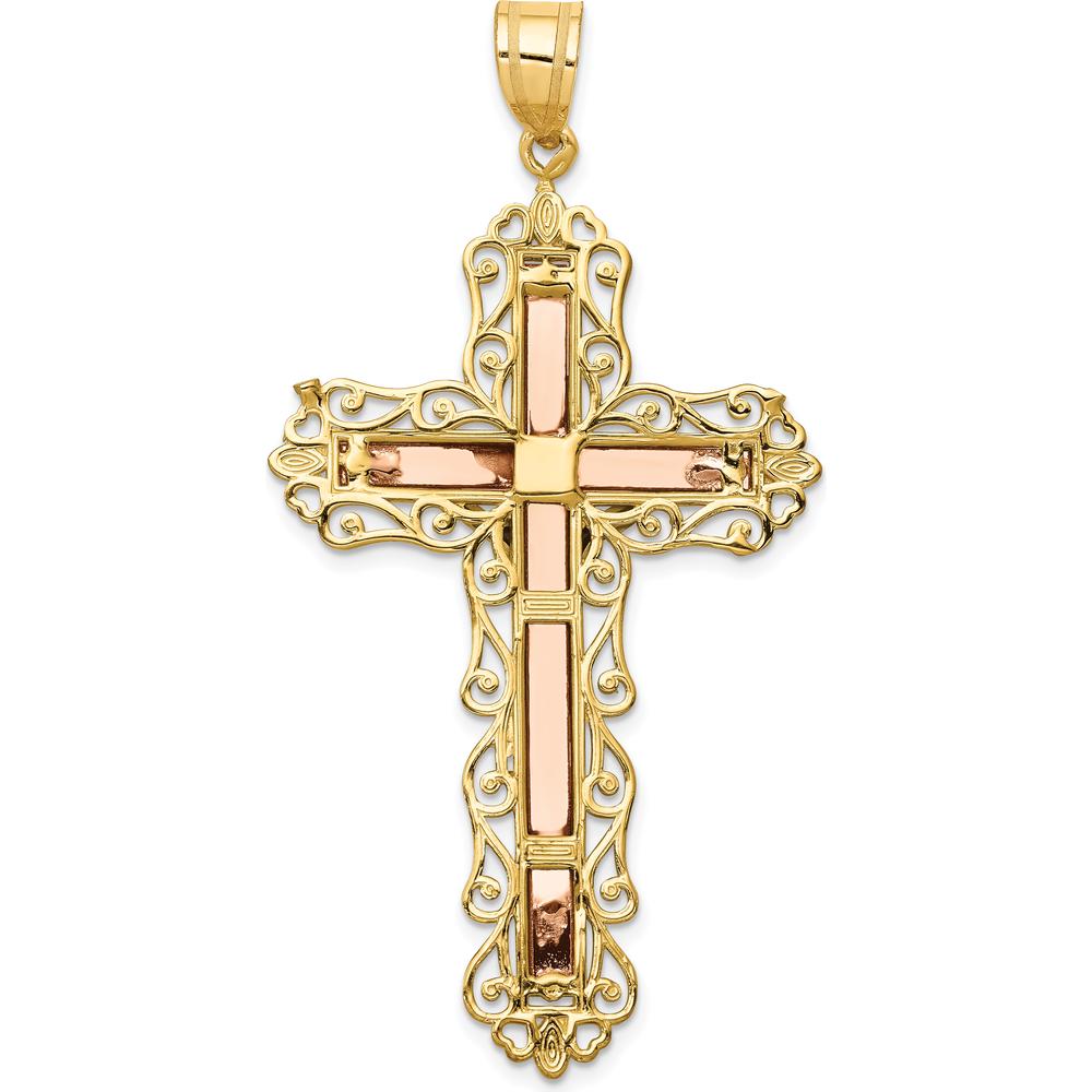 14K Tri-Color Gold Diamond-Cut Filigree Crucifix Pendant with Intricate Detailing - 61mm Length by Oro Pregiato