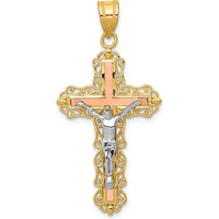 14K Tri-Color Gold Diamond-Cut Filigree Crucifix Pendant with Sculpted Christ Figure - 43mm Length by Oro Pregiato
