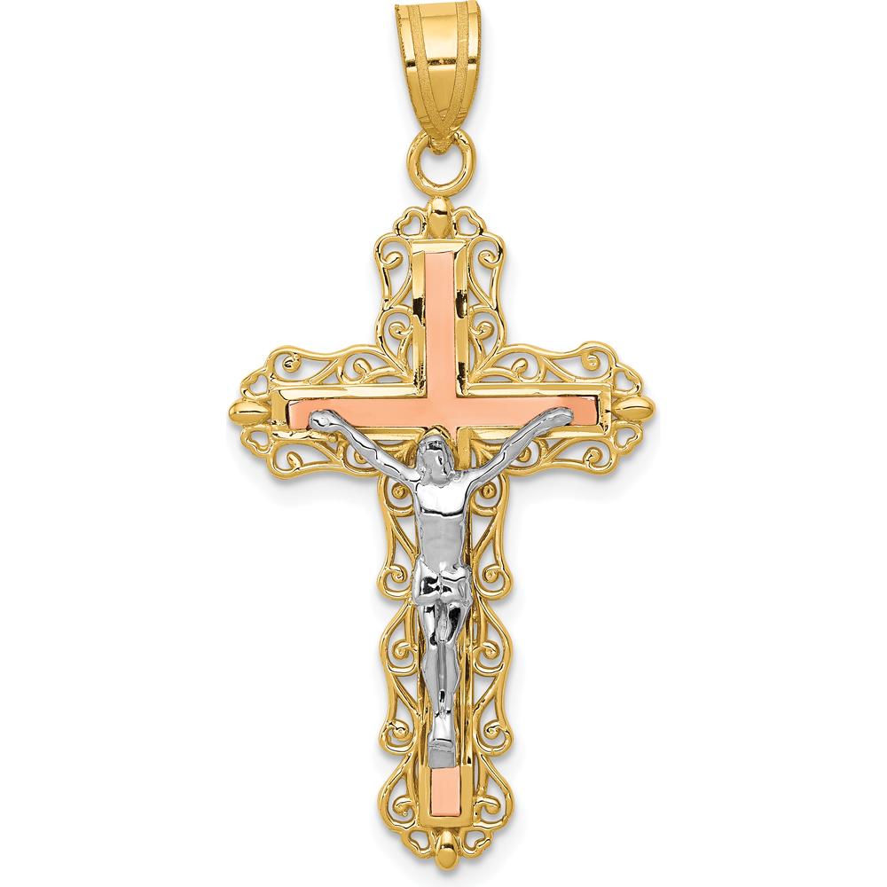 14K Tri-Color Gold Diamond-Cut Filigree Crucifix Pendant with Sculpted Christ Figure - 43mm Length by Oro Pregiato