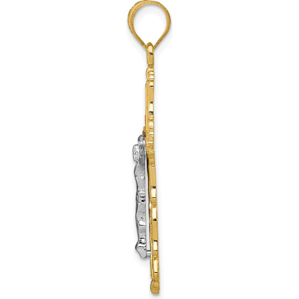 14K Tri-Color Gold Diamond-Cut Filigree Crucifix Pendant with Sculpted Christ Figure - 43mm Length by Oro Pregiato