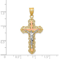 14K Tri-Color Gold Diamond-Cut Filigree Crucifix Pendant with Sculpted Christ Figure - 43mm Length by Oro Pregiato