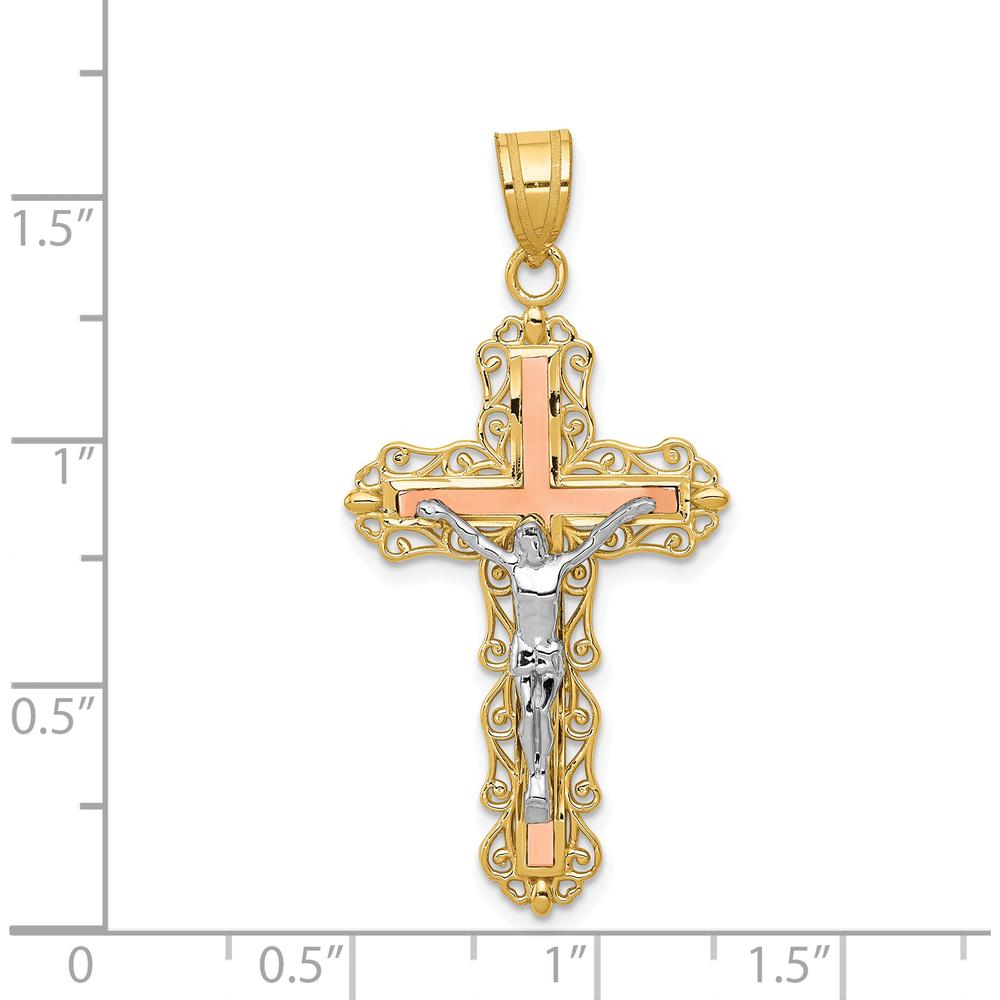 14K Tri-Color Gold Diamond-Cut Filigree Crucifix Pendant with Sculpted Christ Figure - 43mm Length by Oro Pregiato