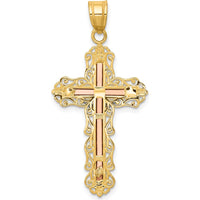 14K Tri-Color Gold Diamond-Cut Filigree Crucifix Pendant with Sculpted Christ Figure - 43mm Length by Oro Pregiato