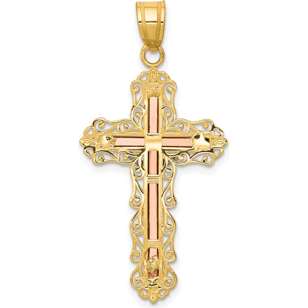 14K Tri-Color Gold Diamond-Cut Filigree Crucifix Pendant with Sculpted Christ Figure - 43mm Length by Oro Pregiato