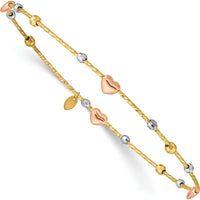 14K Tri-Color Gold Diamond-cut Heart and Beads Slip-on Bangle Bracelet by Oro Pregiato