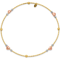 14K Tri-Color Gold Diamond-cut Heart and Beads Slip-on Bangle Bracelet by Oro Pregiato