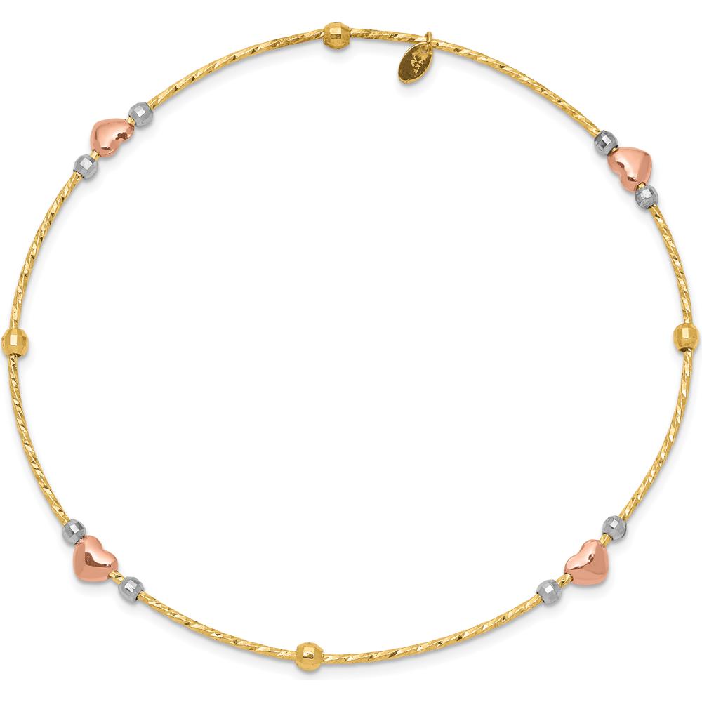 14K Tri-Color Gold Diamond-cut Heart and Beads Slip-on Bangle Bracelet by Oro Pregiato
