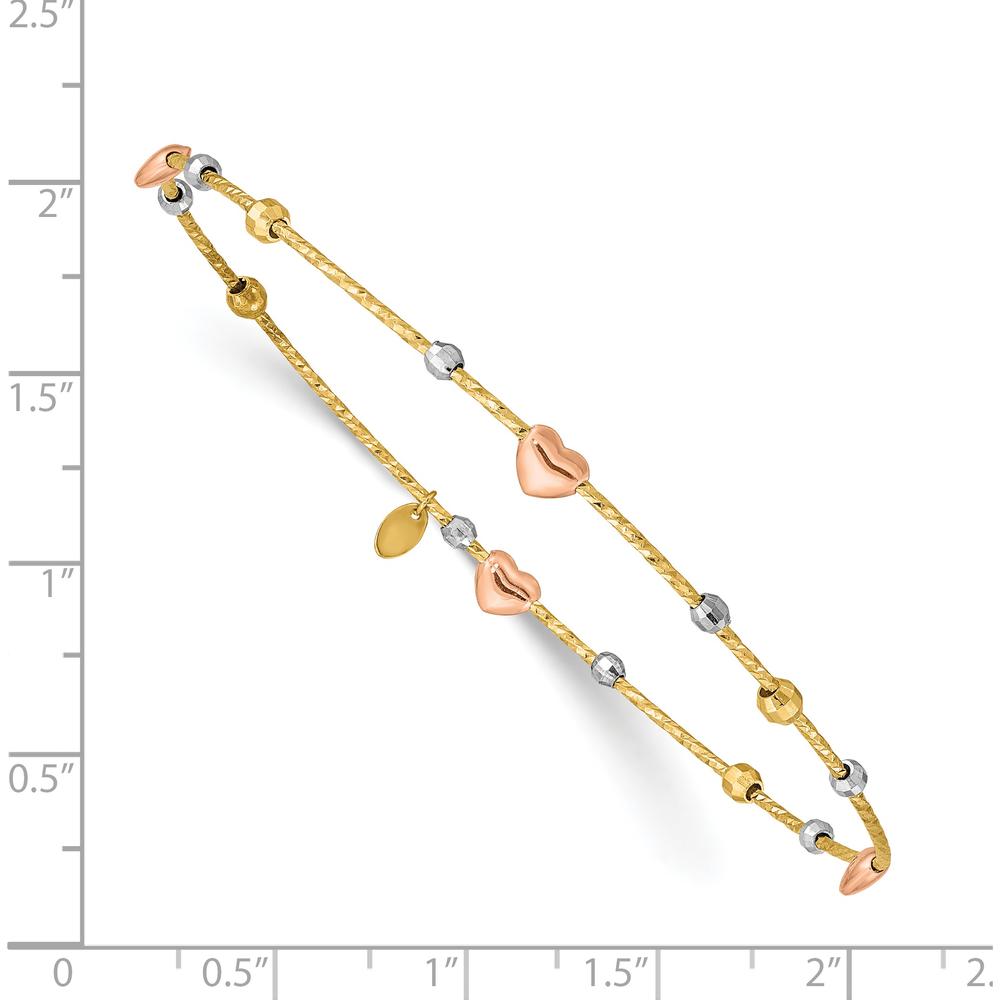 14K Tri-Color Gold Diamond-cut Heart and Beads Slip-on Bangle Bracelet by Oro Pregiato
