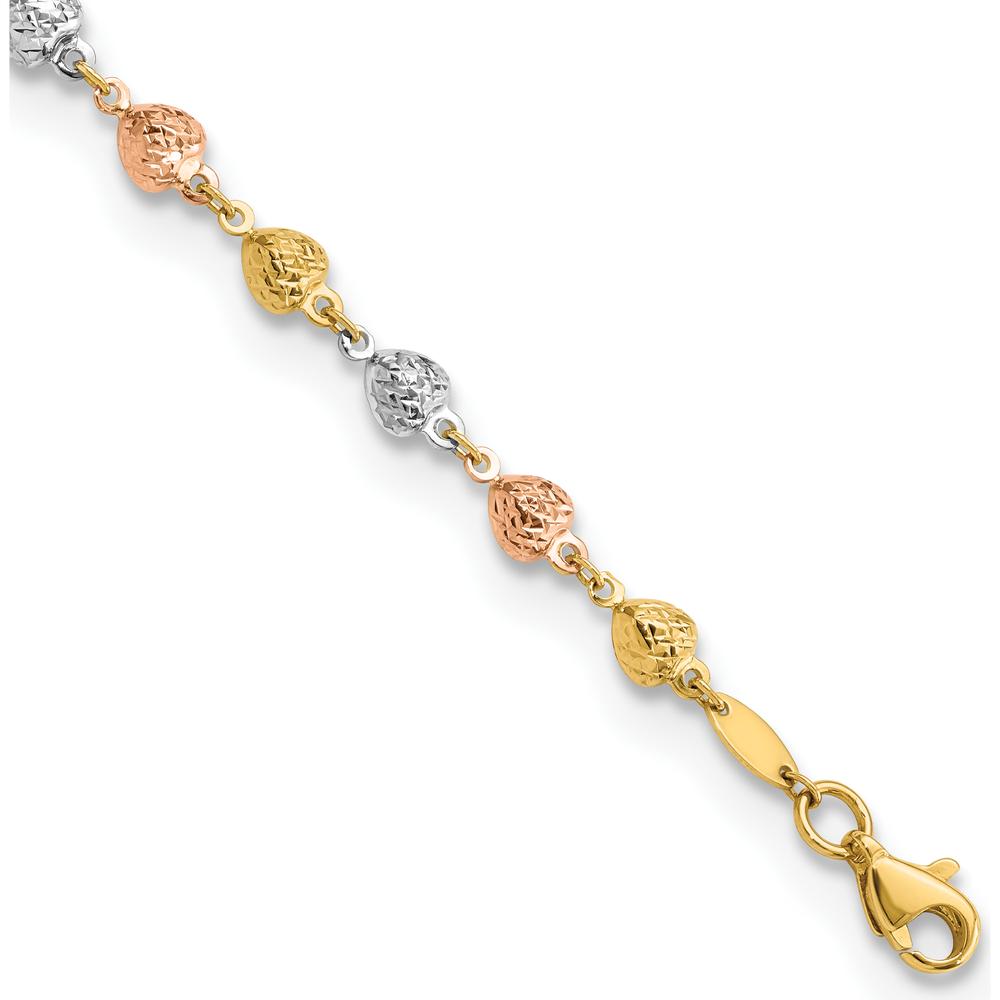 14K Tri-Color Gold Diamond-Cut Heart Link Bracelet - 7.5" Length by Oro Pregiato