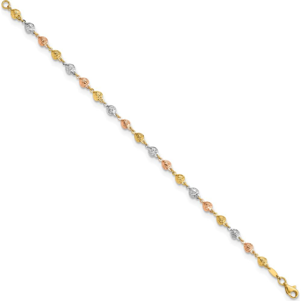 14K Tri-Color Gold Diamond-Cut Heart Link Bracelet - 7.5" Length by Oro Pregiato