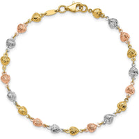 14K Tri-Color Gold Diamond-Cut Heart Link Bracelet - 7.5" Length by Oro Pregiato