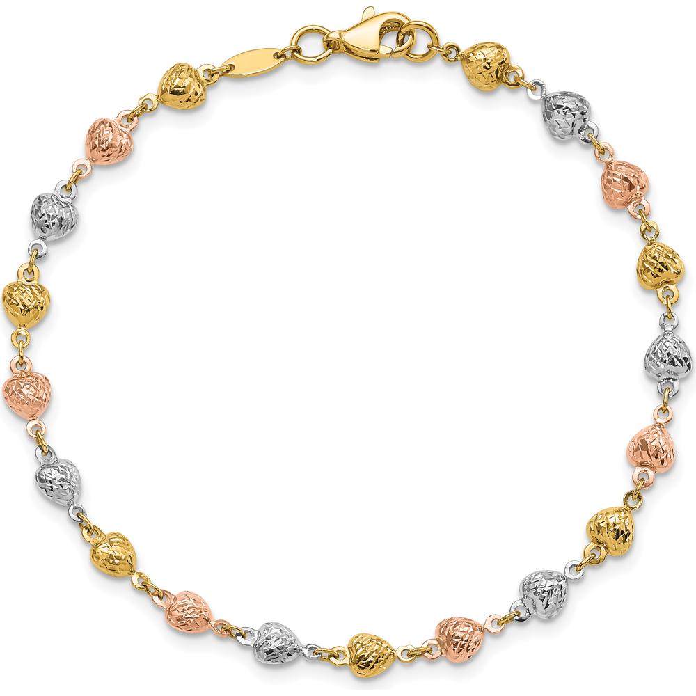 14K Tri-Color Gold Diamond-Cut Heart Link Bracelet - 7.5" Length by Oro Pregiato