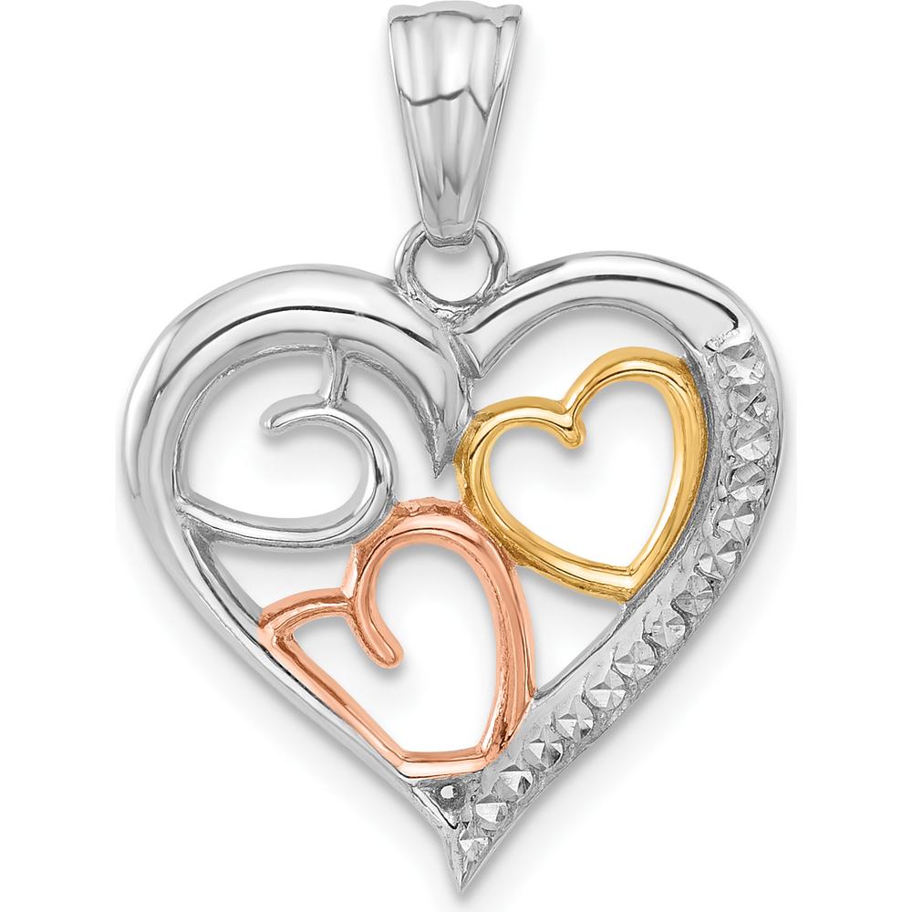 14K Tri-Color Gold Diamond-cut Hearts Pendant - 25.1mm Total Length by Oro Pregiato