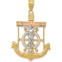 14K Tri-Color Gold Diamond-Cut Mariners Crucifix Pendant with Textured Anchor Design - 35mm Length x 22mm Width by Oro Pregiato