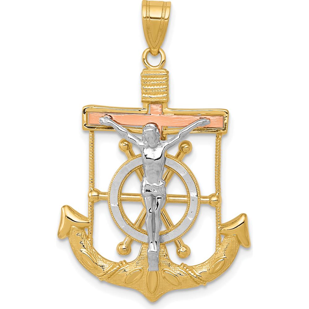 14K Tri-Color Gold Diamond-Cut Mariners Crucifix Pendant with Textured Anchor Design - 35mm Length x 22mm Width by Oro Pregiato