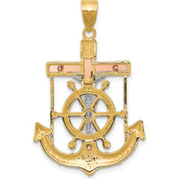 14K Tri-Color Gold Diamond-Cut Mariners Crucifix Pendant with Textured Anchor Design - 35mm Length x 22mm Width by Oro Pregiato